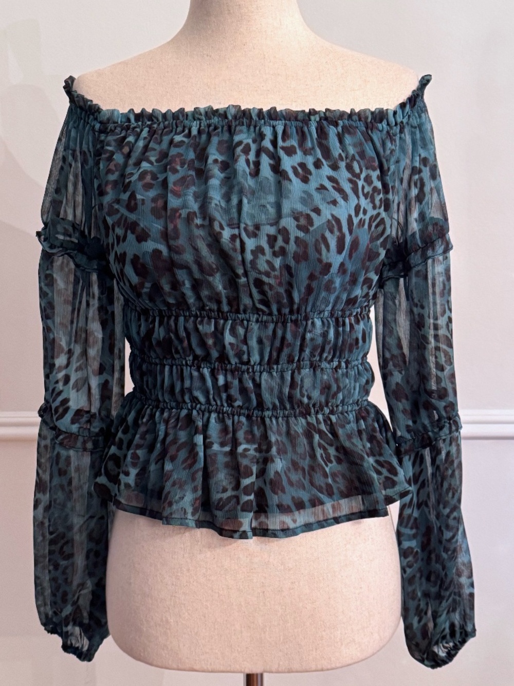 GUESS Blue Leopard Animal Print Convertible Off Shoulder Peplum Blouse XS